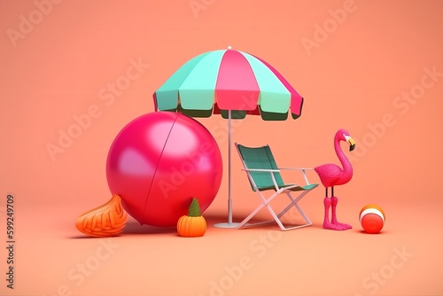 Summer concept with flamingo float, umbrella, camera, beach ball in sunglasses and beach chair stock photo, Travel Holiday Concept