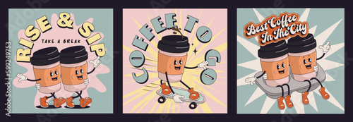 Collage of Retro posters style coffee drink cartoon characters, funny colorful doodle style characters coffee to go. Groovy funky vector illustration.