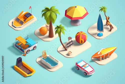 Vacations icon set with 9 colorful icons. Icon set for items related to beach activities stock illustration