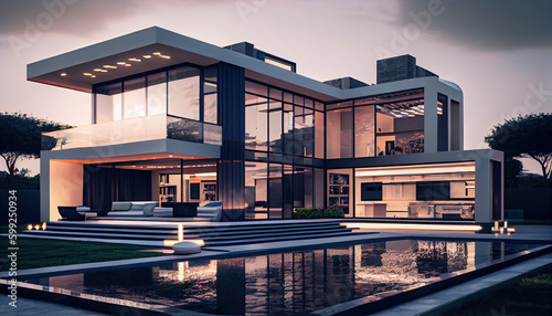 3D Rendering of Modern Villa Contemporary Luxury Living Villa AI Generative © Pleasant Mode Studio