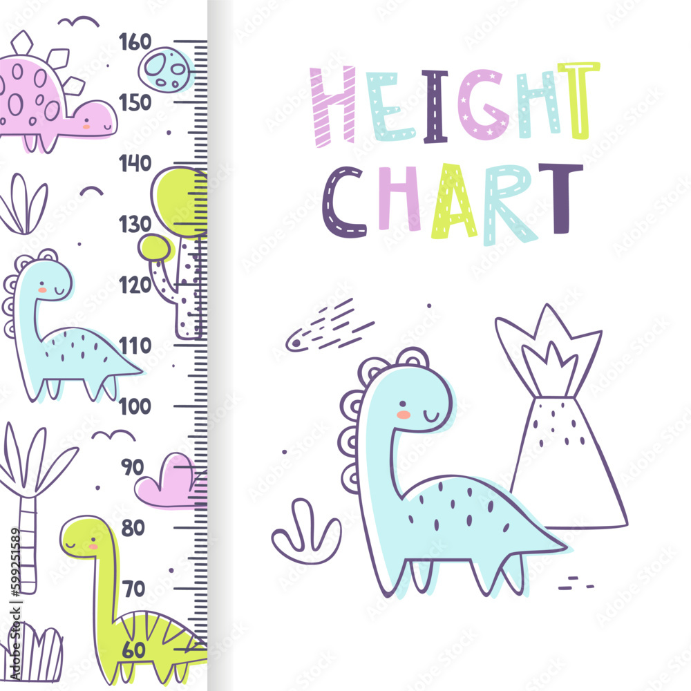Vetor de Height chart with cute outline dino. Doodle ruler with funny ...