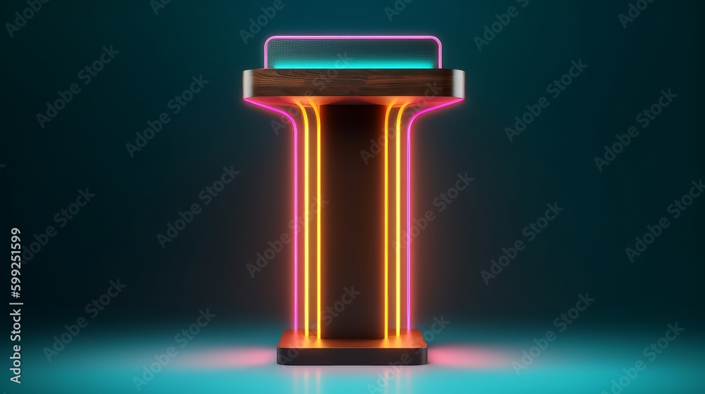 Retro lectern podium with neon lights and a flat table. Generative AI Retro lectern podium with neon lights and a flat table. Generative AI