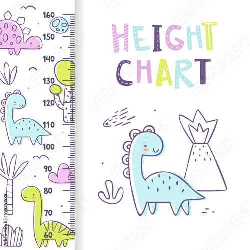 Height chart with cute outline dino. Doodle ruler with funny dinosaurs. Jurassic stadiometer for baby boys.