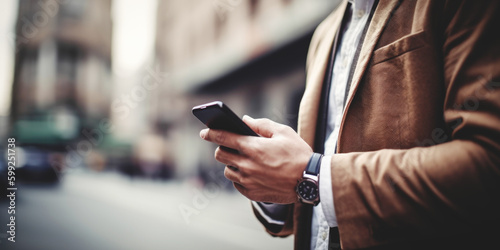 Close-up image of business man watching smart mobile phone device outdoors. Generative AI.