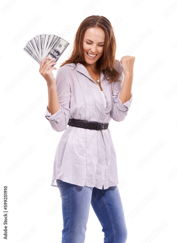 Yes Money to burn. Casually dressed woman looking excited while holding a wad of cash - isolated on white. Yes Money to burn. Casually dressed woman looking excited while holding a wad of cash - isolated on white.