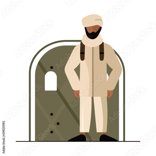 Muslim man refugee flat illustration. Escape from the country, hiding from war