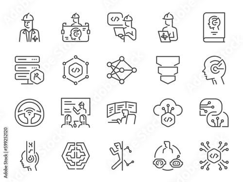 Machine learning engineer icon set. It included AI, artificial intelligent, ML, deep learning, and more icons.