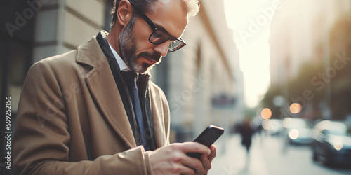 Close-up image of business man watching smart mobile phone device outdoors. Generative AI.