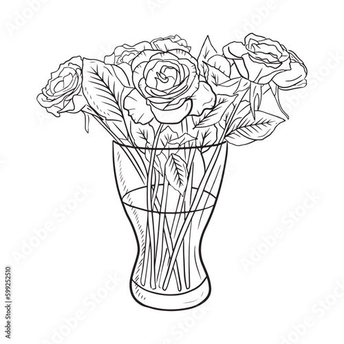 Beautiful realistic glass vase with rose flower bouquet in black isolated on white backround. Hand drawn vector sketch illustration in doodle engraved vintage style. Romance, gift, beauty, garden. photo