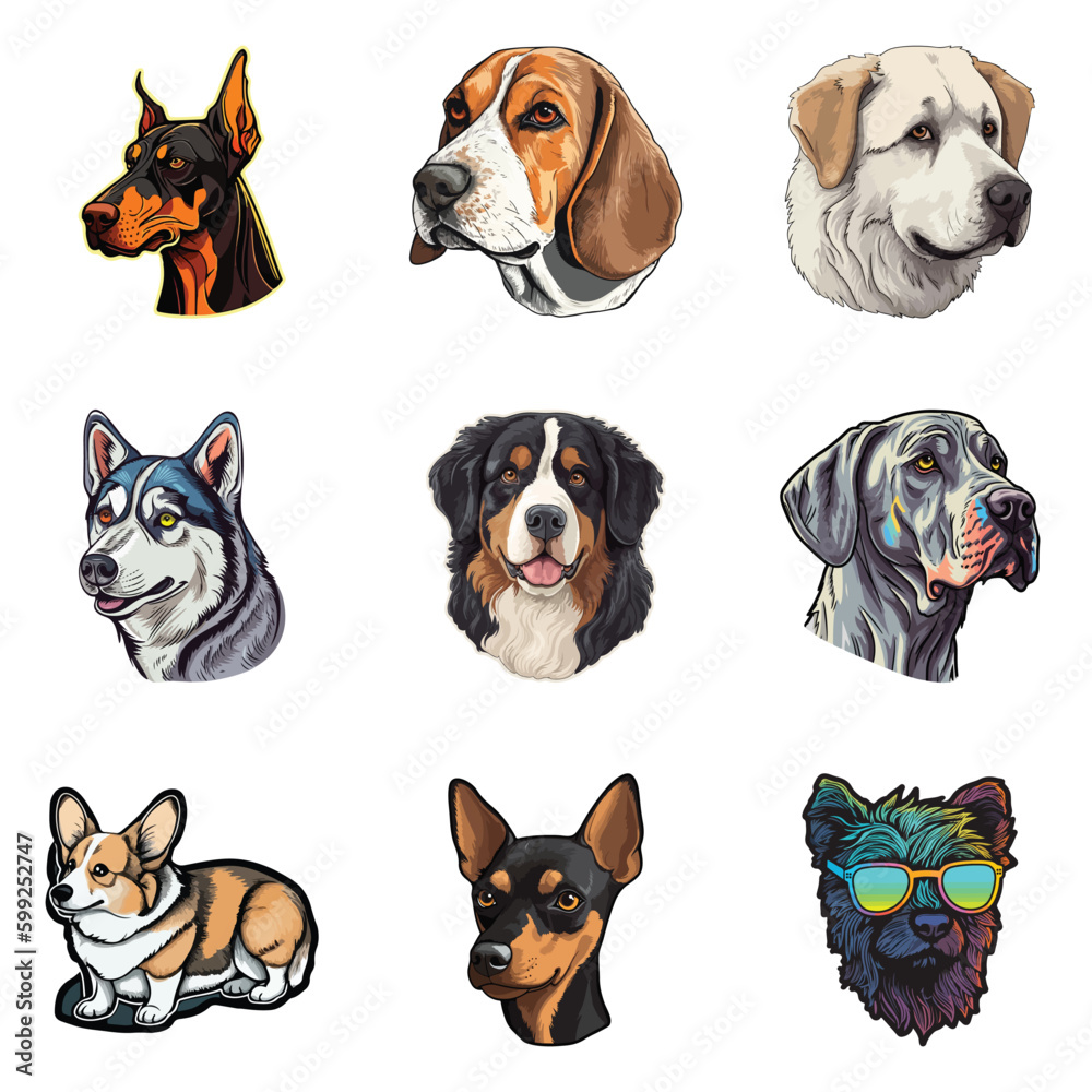 Fototapeta premium Dog Stickers Flat Icon Set Isolated On White Background