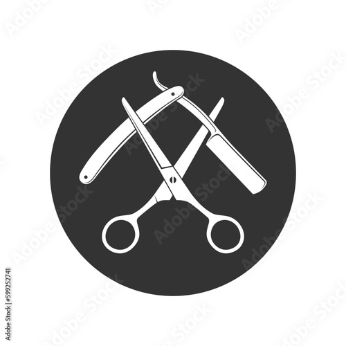 Barber tools graphic icon. Crossed scissors and razor sign in the circle isolated on white background. Barbershop logo. Vector illustration