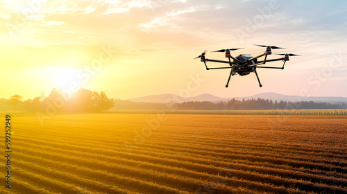Modern technologies in agriculture. Industrial drone flies over a green field and sprays useful pesticides to increase productivity and destroys harmful insects. Generative AI