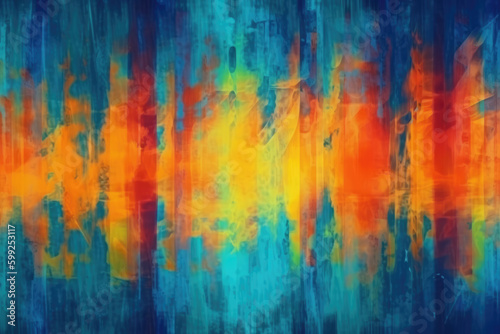 Colorful abstract background. Distressed texture. Wet distorted stained display with rainbow color gradient orange blue glitch defect dust scratches grain noise