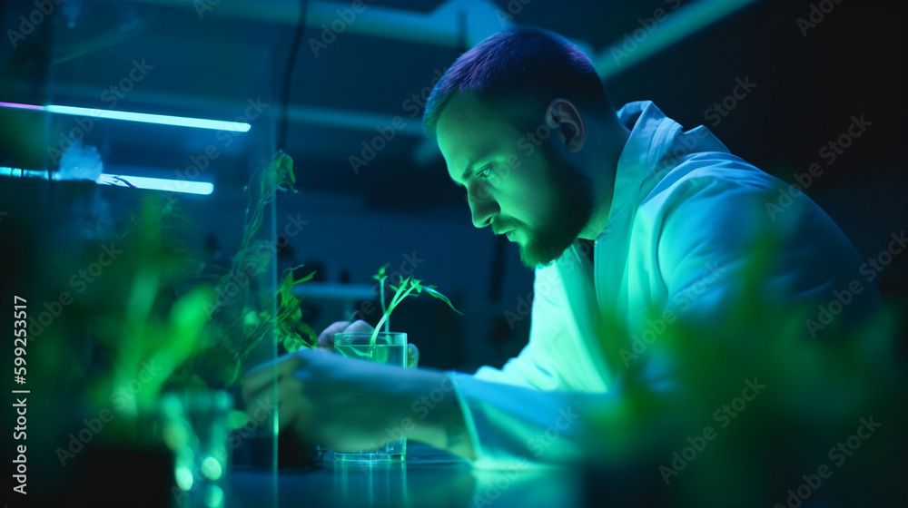 Fototapeta premium Plant Analysis by Scientist. Fictional person created with generative AI.