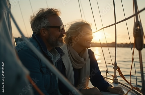 Photo of a old couple enjoying a relaxing sail on a bright sunny day