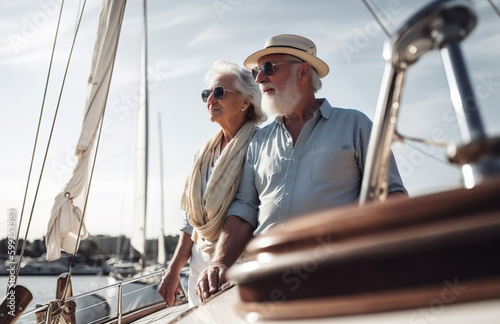 Photo of a senior couple on a sailboat enjoying the open sea