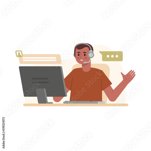 Call center operator job. Male character with headset answers cal