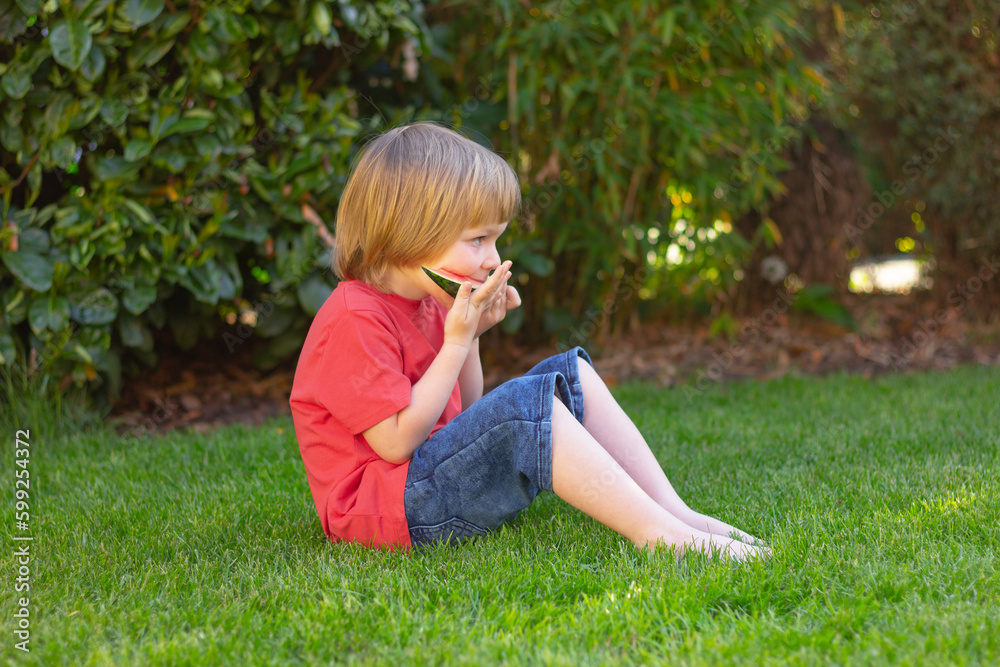 child boy eats watermelon sitting on grass in the park child boy eats watermelon sitting on grass in the park