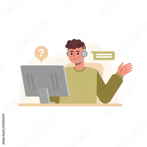 Curly-haired guy with headset answers call. Online user support, registration