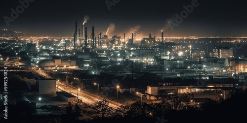 Night industrial landscape of a huge plant or factory with many small light sources. Generative AI