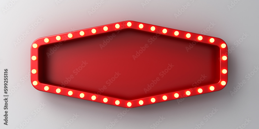 Red retro billboard lightbox or blank shining signboard with yellow glowing neon light bulbs isolated on white wall background with shadow 3D rendering