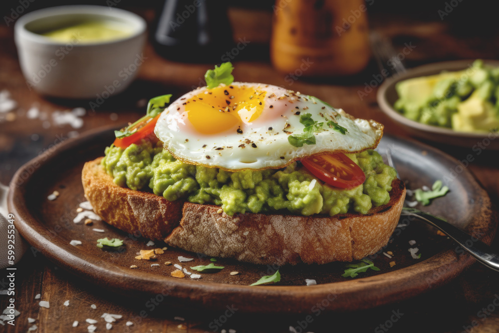Smashed avocado on toast with runny egg background. Generative AI. Smashed avocado on toast with runny egg background. Generative AI.