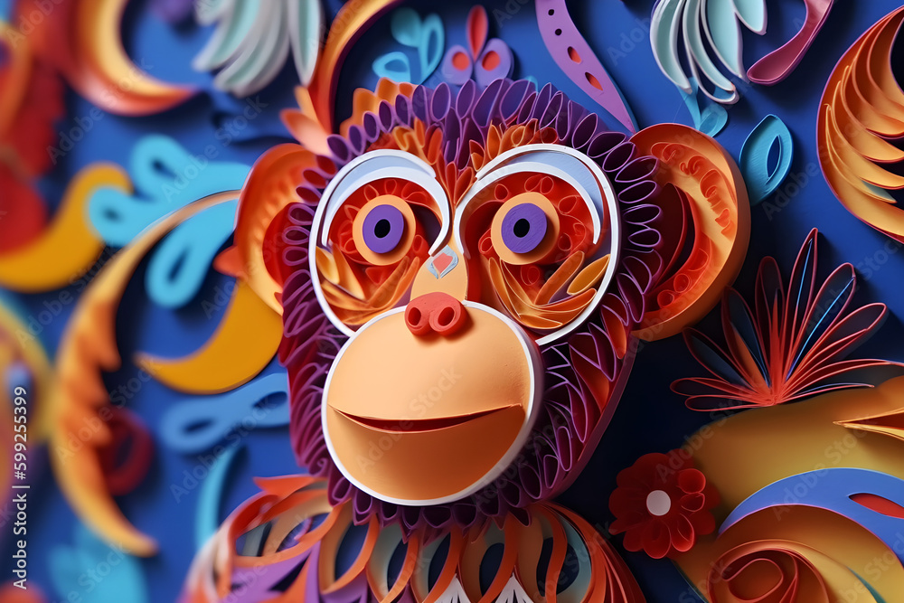 Monkey papercraft. Monkey in papercut style. Colorful monkey 