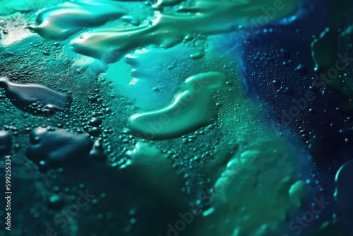 Glitter ink. Abstract background. Sparkling wave. Defocused shiny shimmering green blue color liquid paint blend grain texture with free space