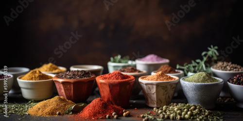 Different seasonings in cups. Spice background on the table, generative AI