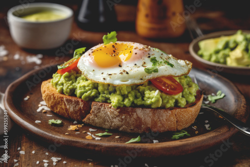  Smashed avocado on toast with runny egg background. Generative AI.