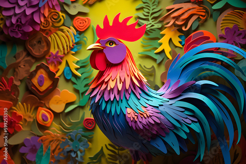 Chicken papercraft. Chicken in papercut style. Colorful chicken  © Estai