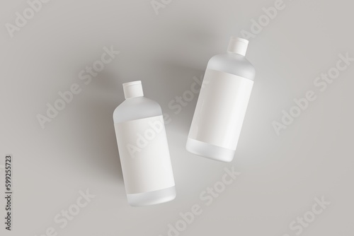 Two plastic cosmetic containers with labels, shampoo bottles laying on gray background front view 3D render mockup