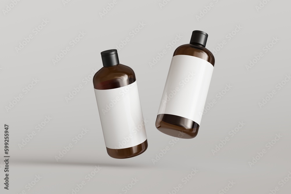 Two brown plastic cosmetic containers with labels, shampoo bottles floating on gray background front view 3D render mockup Two brown plastic cosmetic containers with labels, shampoo bottles floating on gray background front view 3D render mockup