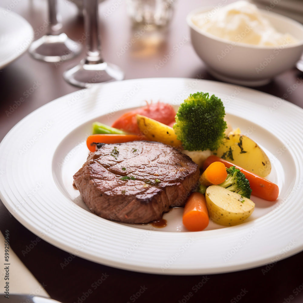 Plate with tasty grilled steaks and vegetables on table. Generative AI Plate with tasty grilled steaks and vegetables on table. Generative AI