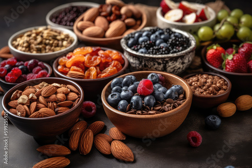 Selection of healthy food. Superfoods, various fruits and assorted berries, nuts and seeds, generative AI © Kien