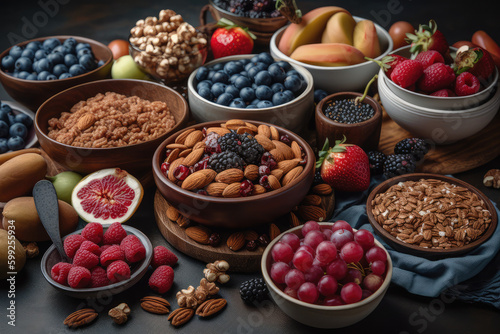 Selection of healthy food. Superfoods, various fruits and assorted berries, nuts and seeds, generative AI