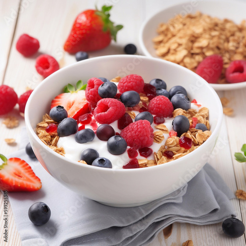 Granola breakfast with berries and yogurt. Generative AI