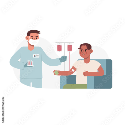 Male character receives donated blood, nurse carries test tubes