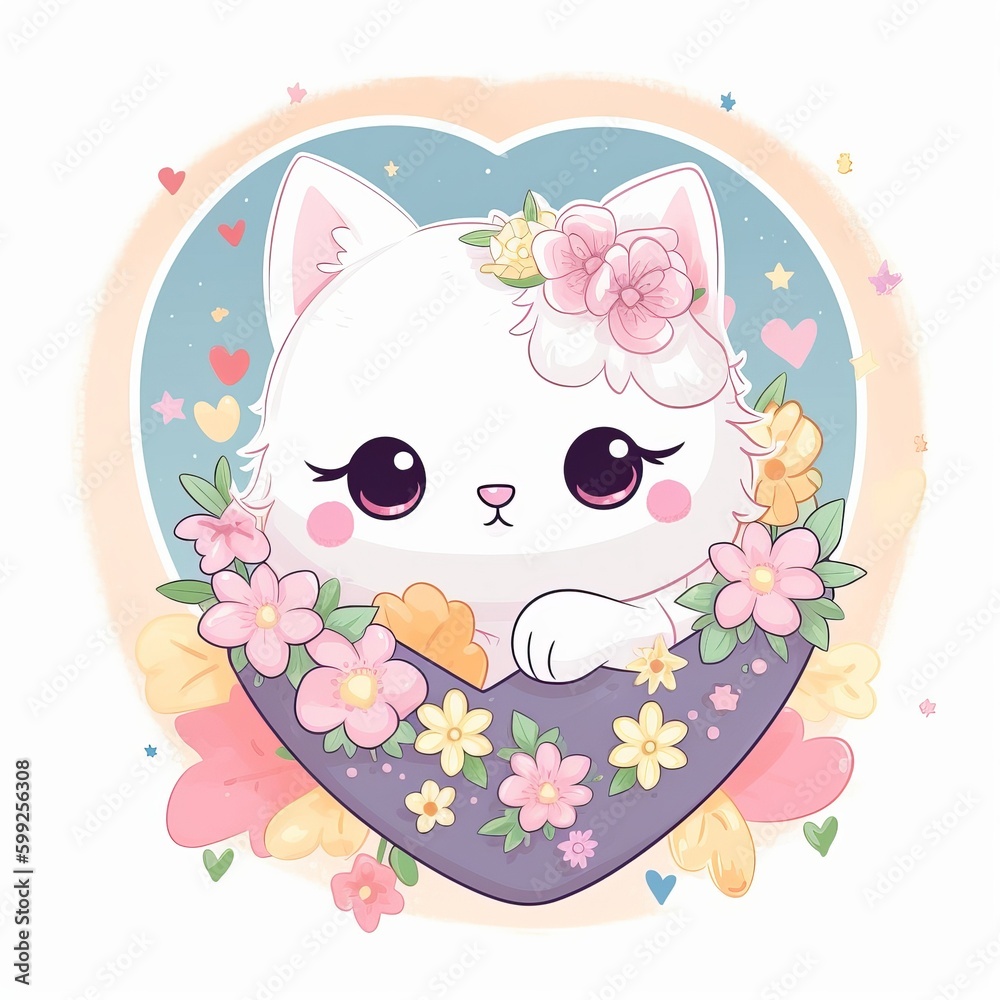 An adorable white kitten sticker with big round eyes, wearing a tiny pink bow, holding a fish in its mouth and looking up at the viewer with an innocent expression, Generative AI An adorable white kitten sticker with big round eyes, wearing a tiny pink bow, holding a fish in its mouth and looking up at the viewer with an innocent expression, Generative AI