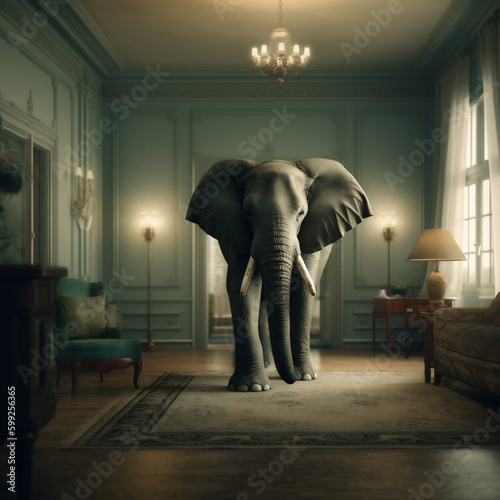 AI generated, an Elephant in the room. An elephant standing in a living room of a house.
