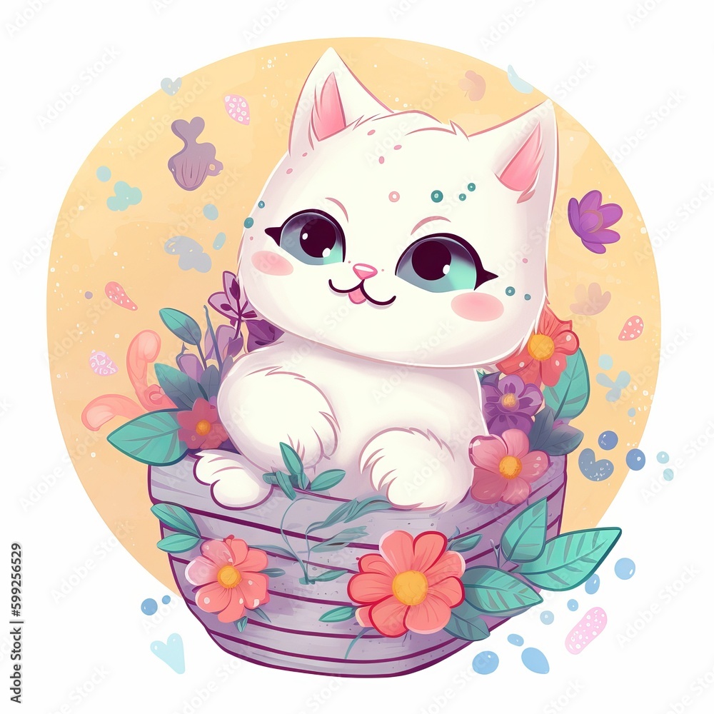A cute and cuddly white kitten with large round eyes and a smiling expression, sitting inside a heart-shaped basket filled with flowers, surrounded by stars on a white background, Generative AI