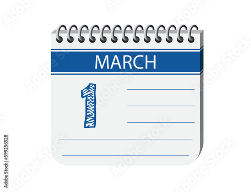 First day of spring notebook calendar page vector illustration with space for text. 1 march 3d calendar, date appointment, event reminder illustration. 