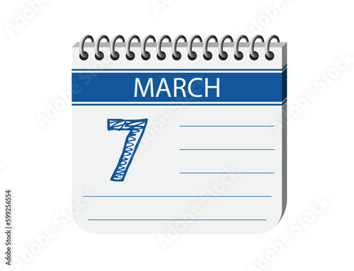 7 march one day blue notebook page calendar vector, place for text. Blue 3d one day appointment calendar illustration. Abstract three dimensional daily date appointment, agenda, event calendar. 