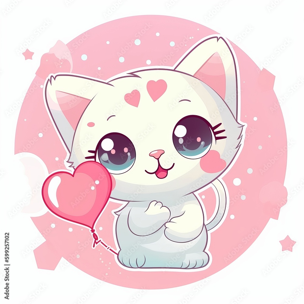cute cat sticker, A cute white kitten with big round eyes, rosy cheeks, and a smiling expression, holding a pink heart balloon with its paw, against a light white background, Generative AI cute cat sticker, A cute white kitten with big round eyes, rosy cheeks, and a smiling expression, holding a pink heart balloon with its paw, against a light white background, Generative AI