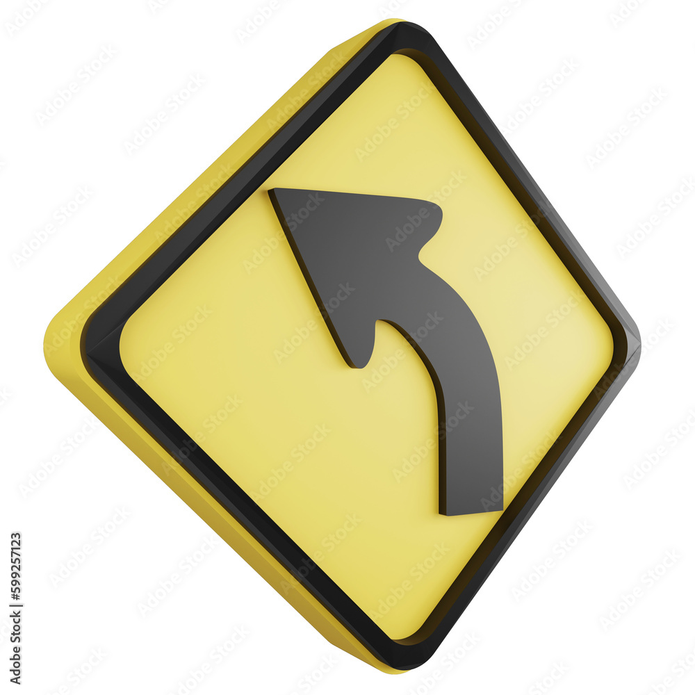 Curve sign icon isolated on transparent background, 3D render yellow cautionary sign Curve sign icon isolated on transparent background, 3D render yellow cautionary sign