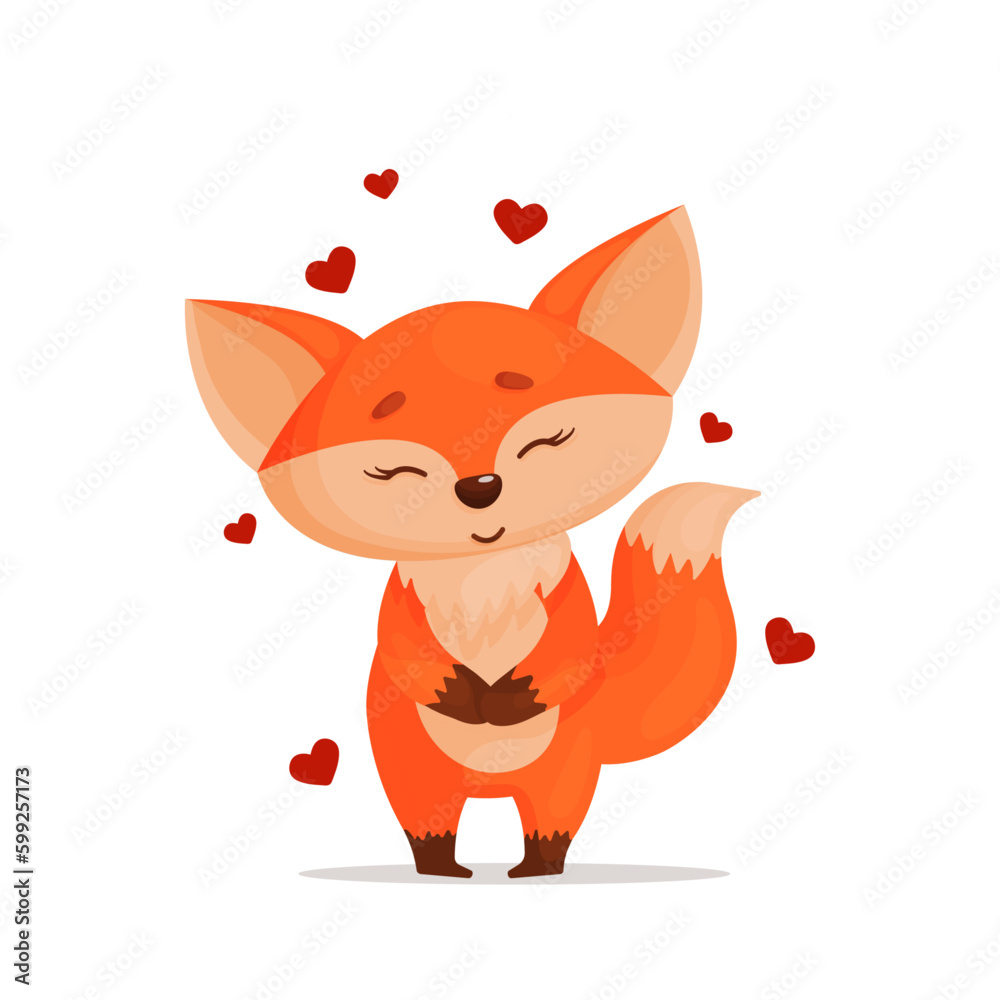 cute fox feeling love with close eyes and hearts around. Drawn in cartoon style. Vector illustration for designs, prints and patterns. Isolated on white background