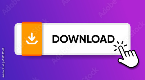 3d download now blue button with hand cursor. Save cloud icon button hand pointer clicking. Click here banner with shadow. Click push button isolated. Online shopping.