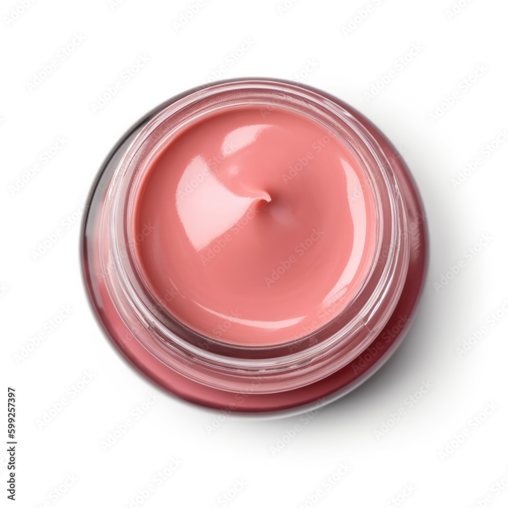 Jar of pink cosmetic cream on white background, top view. Cosmetic and makeup product. generative AI Jar of pink cosmetic cream on white background, top view. Cosmetic and makeup product. generative AI