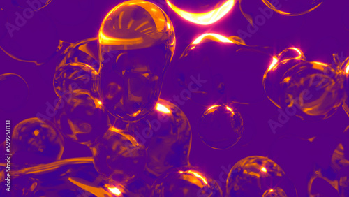 golden transparent fluid spheres floating on purple bg - abstract 3D rendering