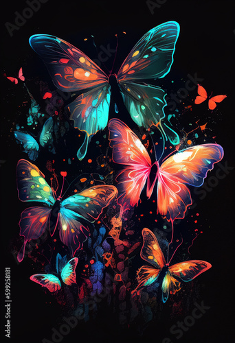 Several neon colotfull butterflies in a watercolor style, on a dark background. AI Generated ©  iiulia